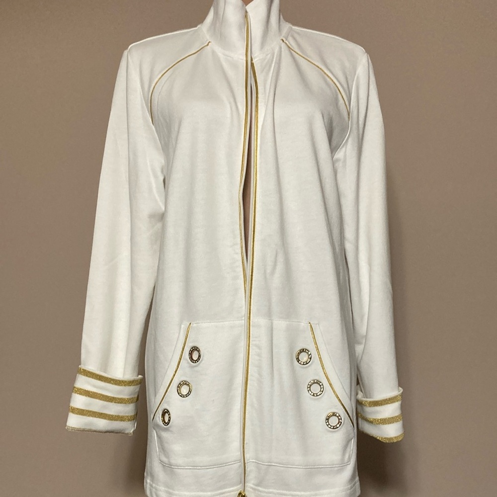 Quacker Factory White and Gold Jacket with Rhinestone and Gold Accents
